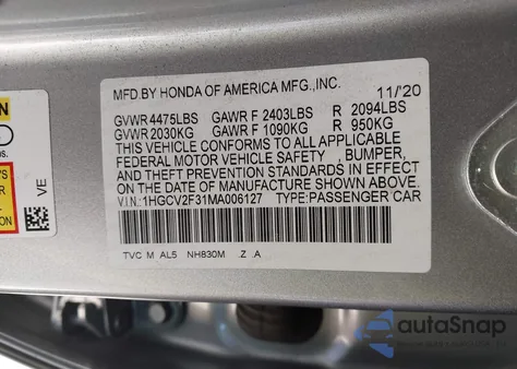 2021 Honda Accord Sport 2.0T from USA, damaged, VIN 1HGCV2F31MA006127